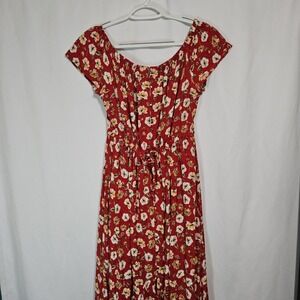 Boho Flowy Cottagecore Red Floral Maxi Prairie Dress Vintage Style Ruffle Hem‎ M